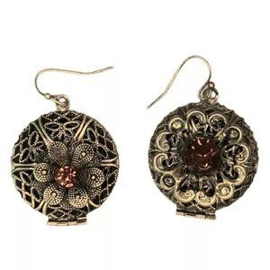 Vintage Filigree Gold Brass Tone Locket Pierced Earrings Amber Rhinestone